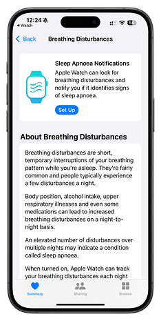 Apple Watch interface showing Sleep Apnoea Notifications and breathing disturbances information.