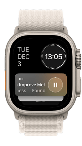 Apple Watch displaying the date 'Tue Dec 3', time '13:05', and music controls for 'Improve Met'.