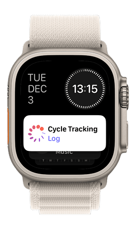 A watch displaying 'Cycle Tracking' log on watchOS 11, time set to 13:15, and date as Tuesday, December 3.