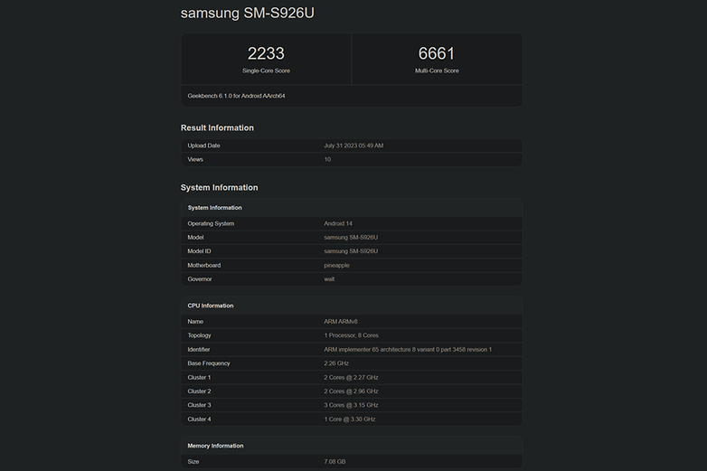 Geekbench result of the Samsung Galaxy S24+ with Snapdragon 8 Gen 3 chip