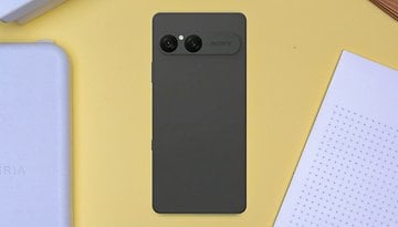 Sony Xperia 10 VII smartphone seen from the back on a yellow surface.