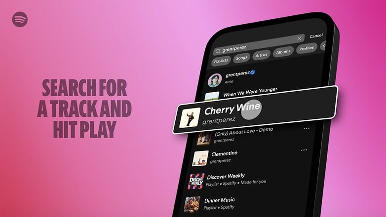 A smartphone displaying Spotify search results including songs and playlists. A smartphone displaying Spotify search results including songs and playlists.