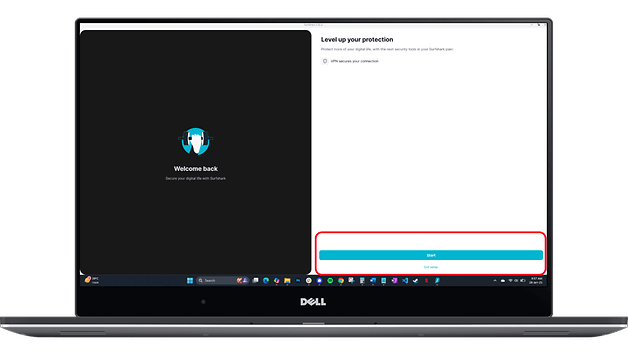 Laptop screen displaying a welcome back message and a start button for Surfshark protection setup.