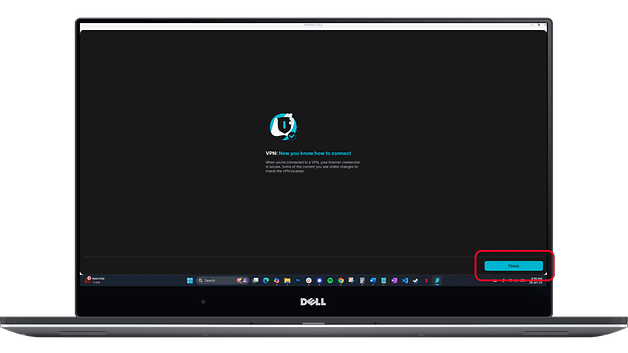 VPN connection tutorial on a laptop screen with a 'Finish' button highlighted.
