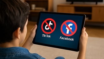 A child holds a tablet displaying 'No Tik Tok' and 'No Facebook' symbols.