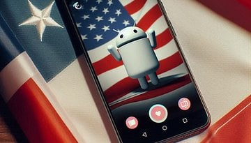 A smartphone displaying a cartoon robot on a background of American flags.