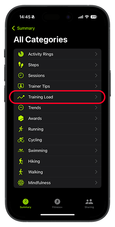 Mobile screen displaying fitness app categories, highlighting 'Training Load'.