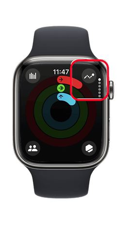 Apple Watch interface displaying activity rings and a workout icon at 11:47.