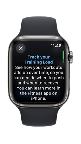 Apple Watch displaying 'Track your Training Load' with workout guidance.