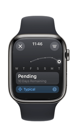 Apple Watch exibindo a hora 11:46 e uma tarefa pendente com 10 dias restantes.