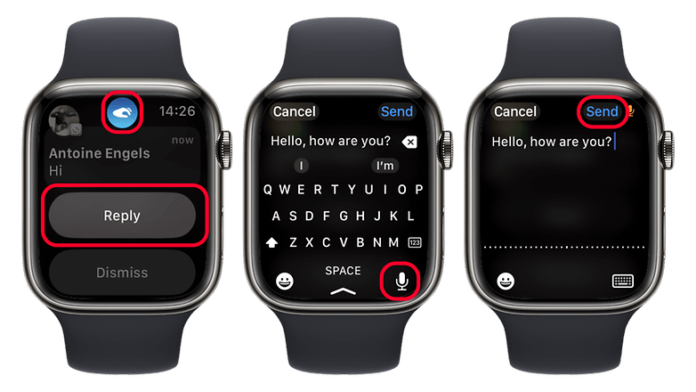 Screenshots zeigen das Beantworten von WhatsAppnachrichten auf der Apple Watch