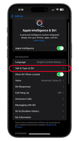 iPhone settings screen showing options for Apple Intelligence & Siri, including 'Talk & Type to Siri'.