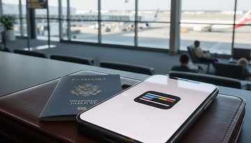 A passport and a smartphone displaying the Apple Wallet logo at an airport.