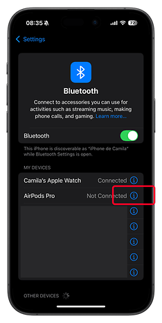 Configurações de Bluetooth em um iPhone mostrando dispositivos conectados e desconectados.