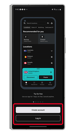 Mobile screen displaying VPN app with location options and account creation buttons.