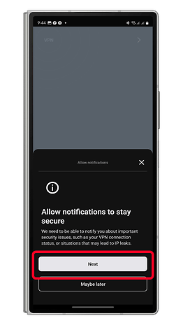 VPN app prompt to allow notifications for security updates, with 'Next' and 'Maybe later' buttons.