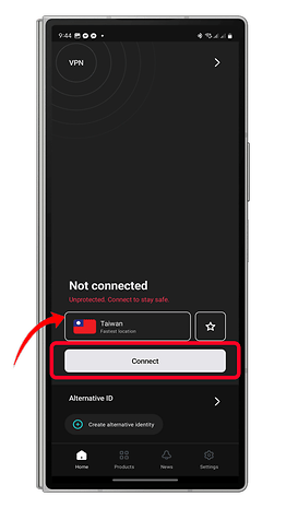 VPN app screen showing 'Not connected', Taiwan as fastest location, and 'Connect' button.