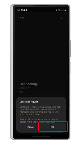 Mobile screen showing a VPN connection request from Surfshark with 'OK' and 'Cancel' options.