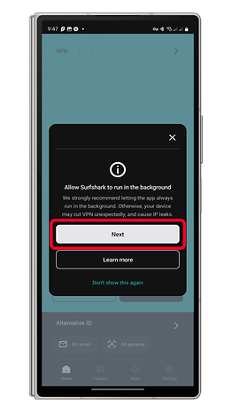 Surfshark app prompt to allow background operation with 'Next' and 'Learn more' buttons.