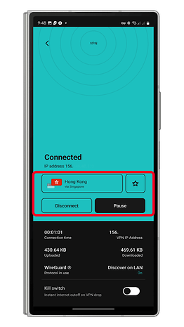 VPN connection interface showing Hong Kong, IP address, and data usage statistics.