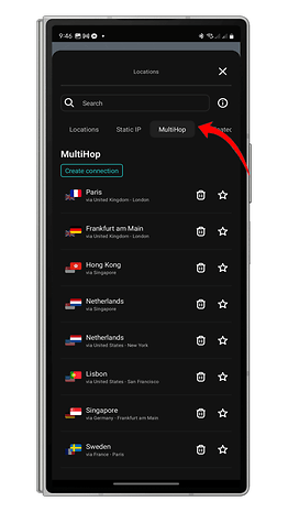 MultiHop connection options displayed on a mobile device, featuring various global locations.