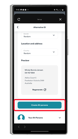 A mobile screen showing 'Create Alt persona' button in an app setup for an alternative ID.
