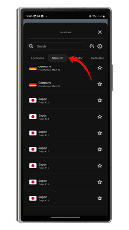 A smartphone screen displaying a VPN locations menu with 'Static IP' highlighted.