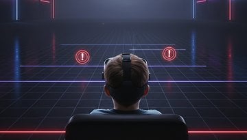 A person wearing a VR headset sits in a chair facing a virtual environment with alert icons.
