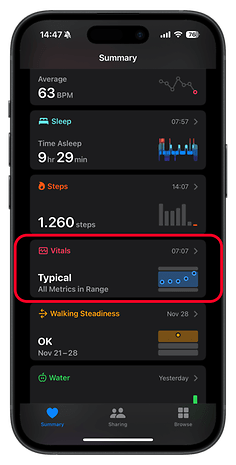 Tela de resumo do Apple Watch mostrando frequência cardíaca, sono, passos e métricas de saúde.