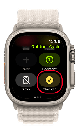 Apple Watch screen displaying Outdoor Cycle with Check In option highlighted.