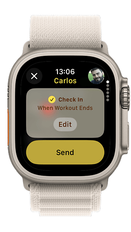 Apple Watch displaying 'Check In' for Carlos, set to activate when workout ends.