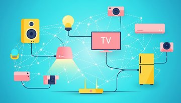 A network of smart devices including a TV, speakers, camera, and a refrigerator on a blue background.
