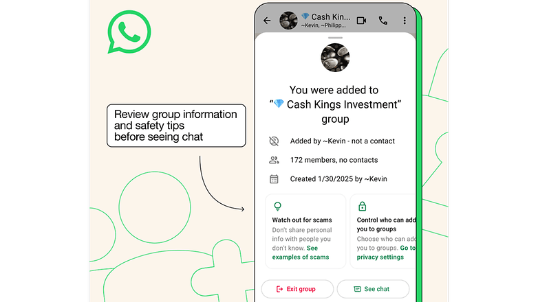 WhatsApp group notification showing addition to 'Cash Kings Investment' group with safety tips. WhatsApp group notification showing addition to 'Cash Kings Investment' group with safety tips.