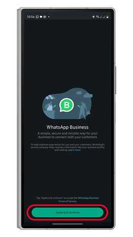 WhatsApp Business welcome screen with 'Agree and continue' button.