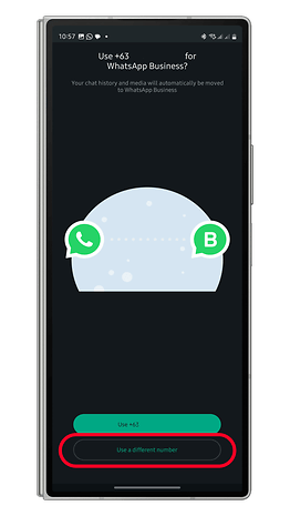 Screen displaying a prompt to use WhatsApp Business with options to use a different number.