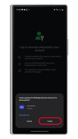 Login screen for WhatsApp Business, prompting to create a passkey with options to save to Samsung Pass.