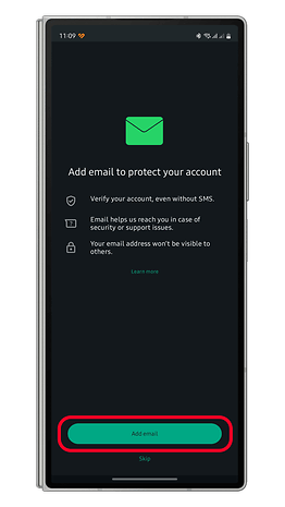 WhatsApp Business account setup screen with email protection prompt and 'Add email' button.