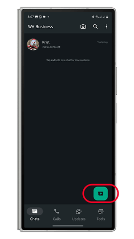 Screenshot of WhatsApp Business showing a chat and a button to add a new chat.