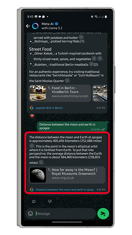 WhatsApp conversation showing distance between the moon and Earth, with a focus on apogee distance.