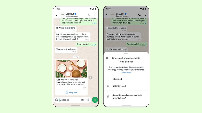 WhatsApp conversation about a product inquiry and promotional message from a business account.