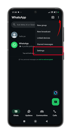 WhatsApp interface showing chat options and settings menu.