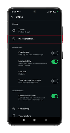 WhatsApp chat settings screen showing options for default chat theme and chat settings.