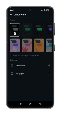 WhatsApp Chat Theme Selection -skärm med flera temalternativ och anpassningsinställningar.