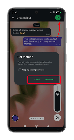 WhatsApp Chat tema Val Skärm med alternativ för att ställa in tema eller avbryta.