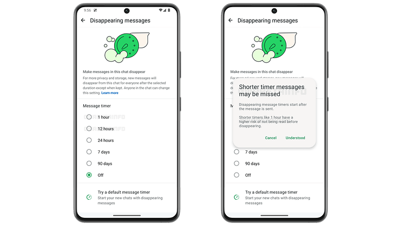 WhatsApp settings for disappearing messages with options for message timers. WhatsApp settings for disappearing messages with options for message timers.