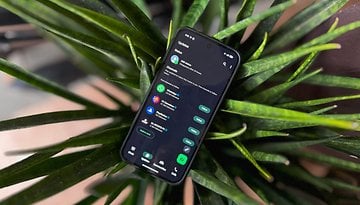 Um smartphone Google Pixel 9 Pro XL exibindo uma interface de aplicativo de tema escuro sobre uma planta verde.