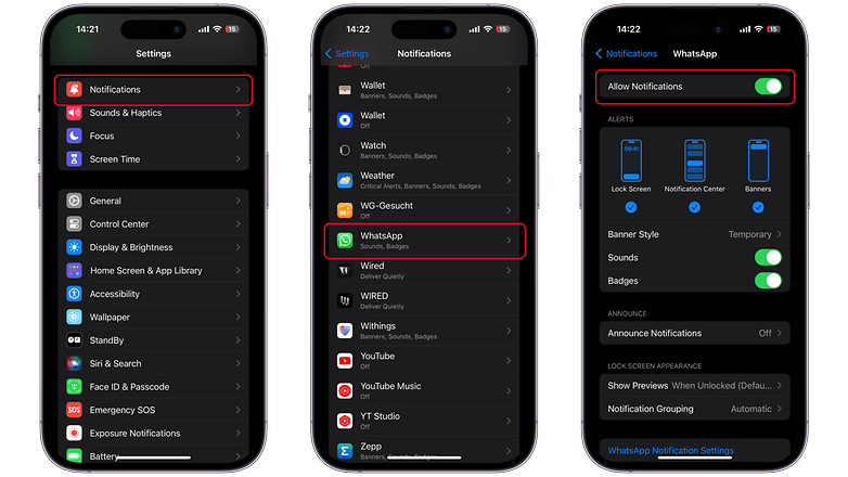 Screenshots zeigen, wie Ihr die WhatsApp-Benachrichtigungen aktiviert
