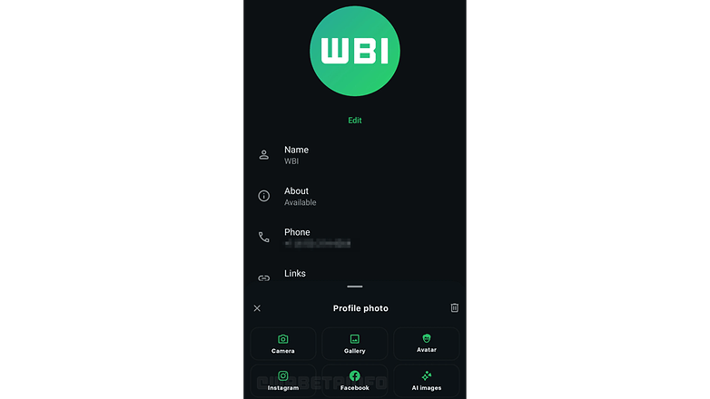 WhatsApp profile screen showing name 'WBI', status 'Available', and options for profile photo.
