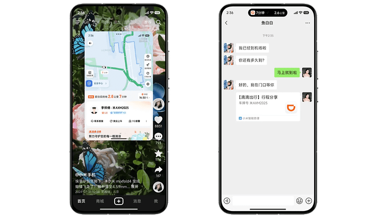 Xiaomi phone displaying a map and a chat interface with messages. Xiaomi phone displaying a map and a chat interface with messages.