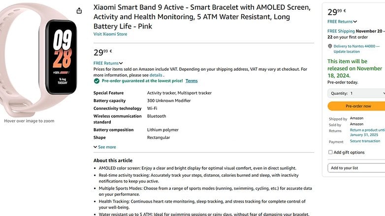 Xiaomi Smart Band 9 Active in rosa, zeigt Uhrzeit und Datum auf einem AMOLED-Bildschirm mit Gesundheitsüberwachungsfunktionen.